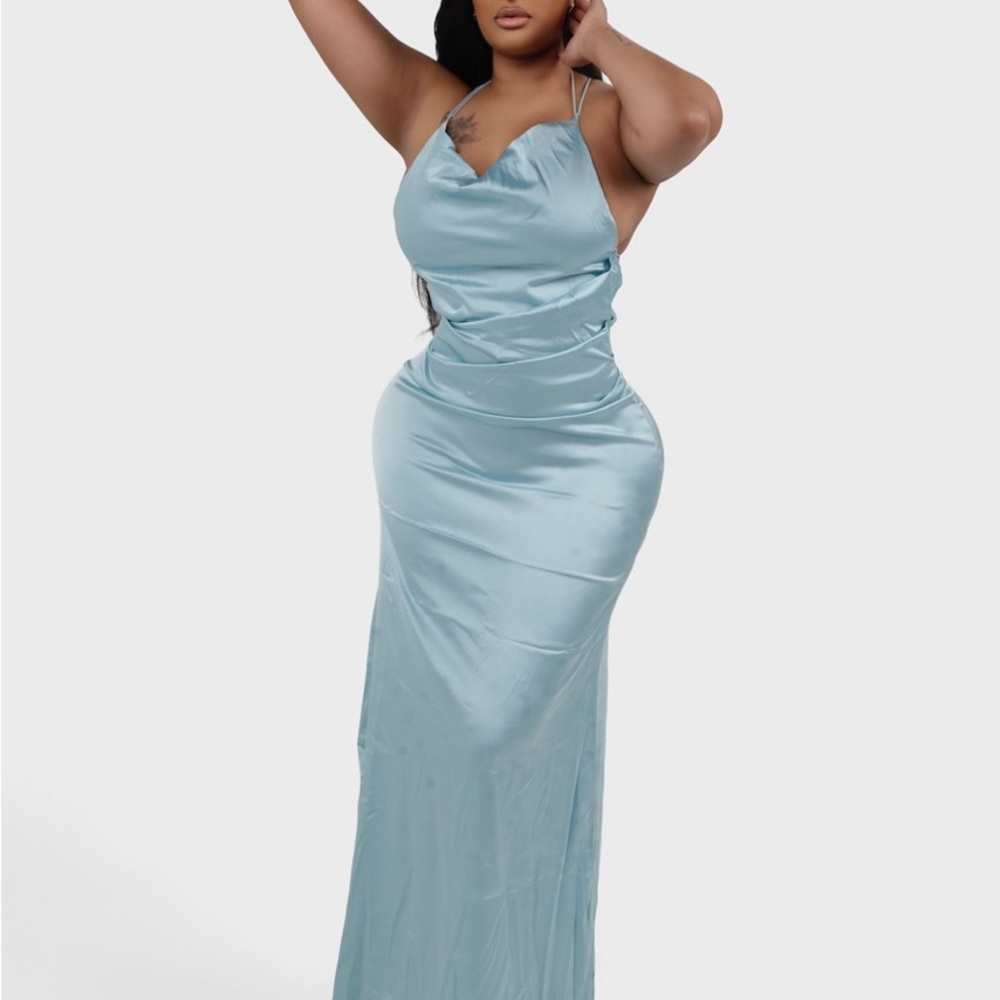 Satin Cowl Neck Slip Dress - Light Blue